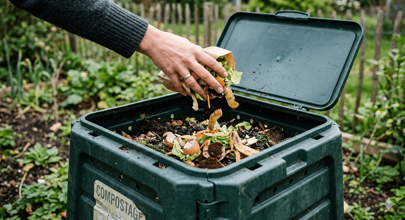 main dans le composteur