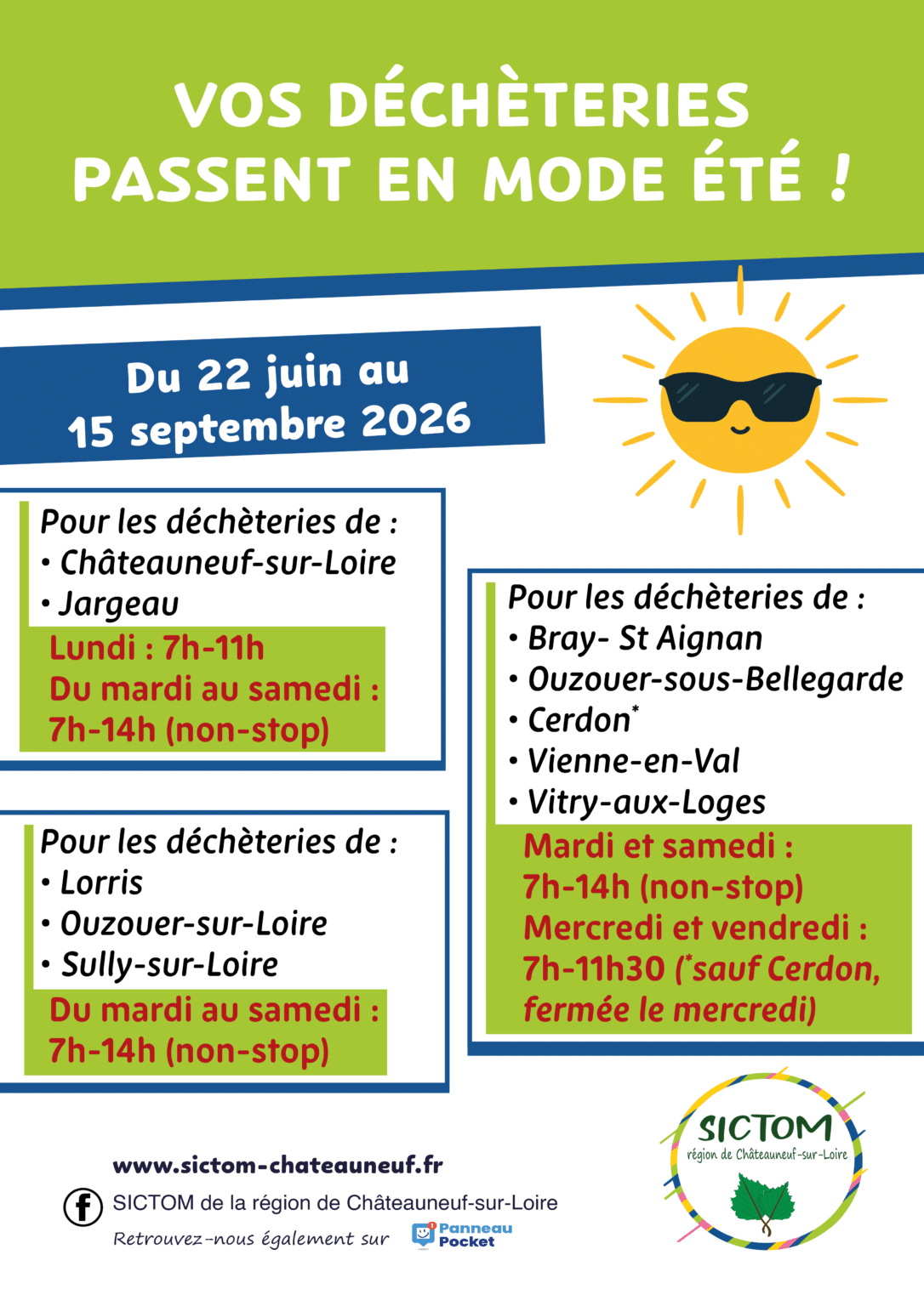 Affiche horaires d'été déchèteries 2026